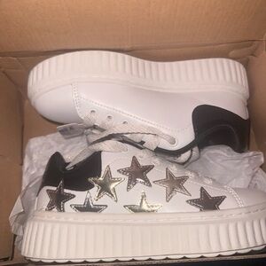 Skechers Kids White and Black Sneakers with Silver Stars
